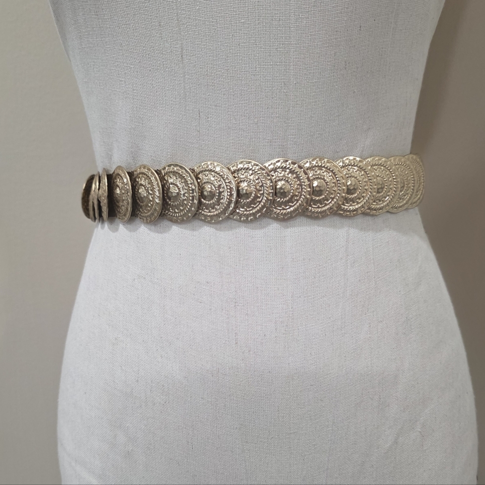 Vintage Y2k 9Os Gold Tone Coin Medallion Stretch Belt